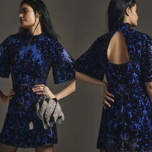 NWT Anthropologie Mock Neck Velvet Mini Dress 16 $180 Blue Black Open Back